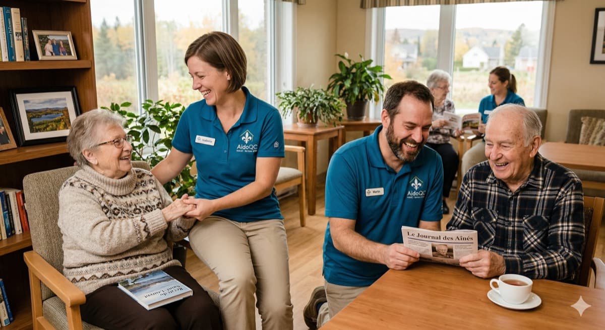 Équipe AidoQC avec des personnes âgées heureuses