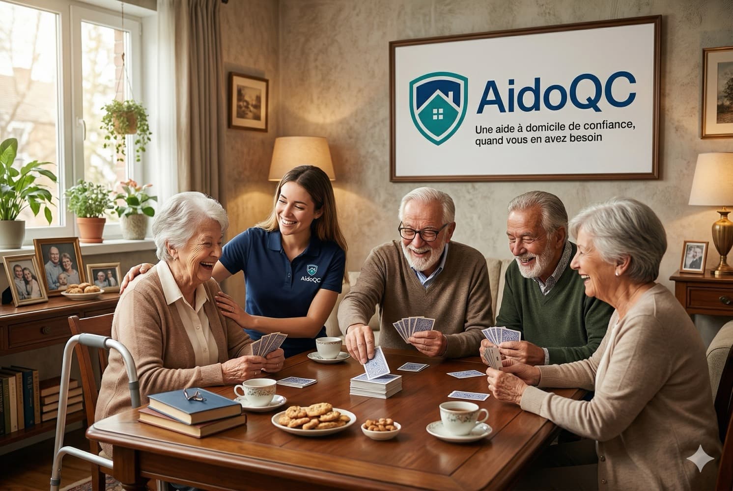Prestataire AidoQC avec des personnes âgées heureuses